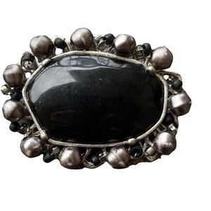 Vintage Artisan Handwired Gothic Black Stone Silver brooch 2 1/2”- 1 3/4”